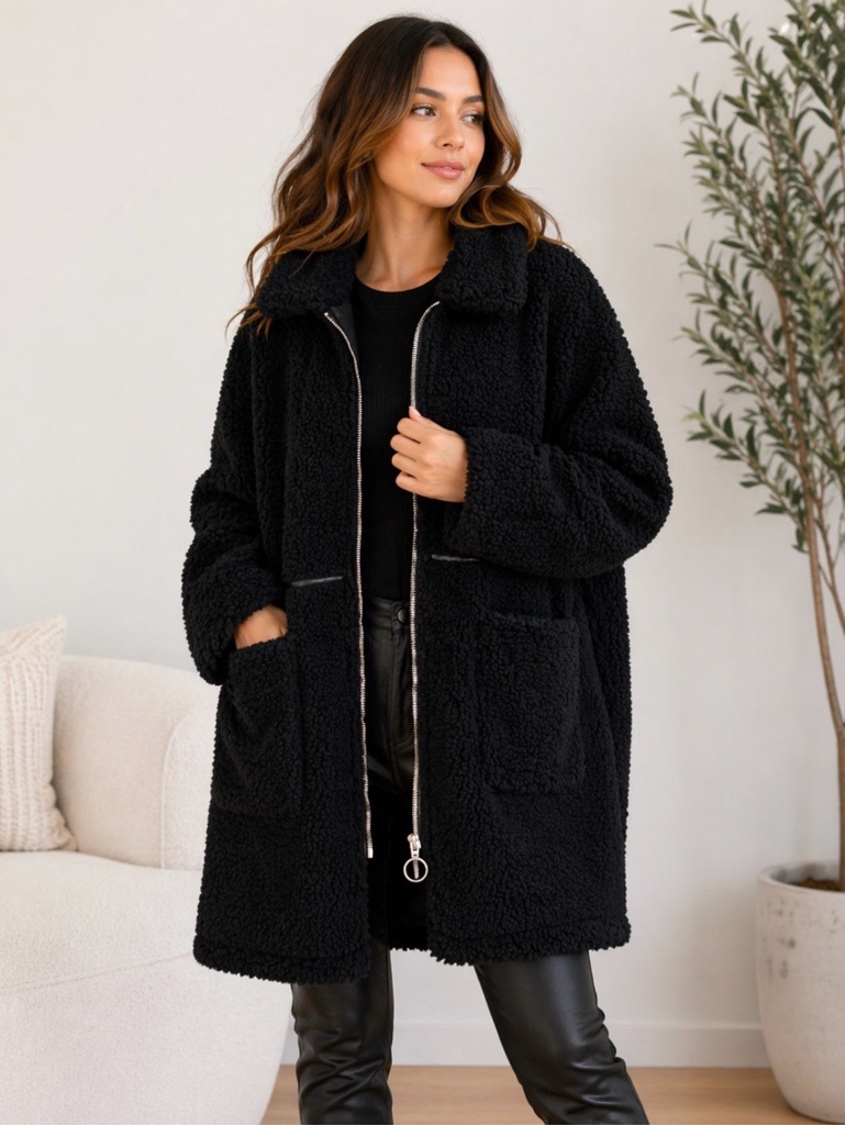 O.P.D.V Teddy Coat Black Wool Blend Faux Leather Trim Oversized Jacket Size S